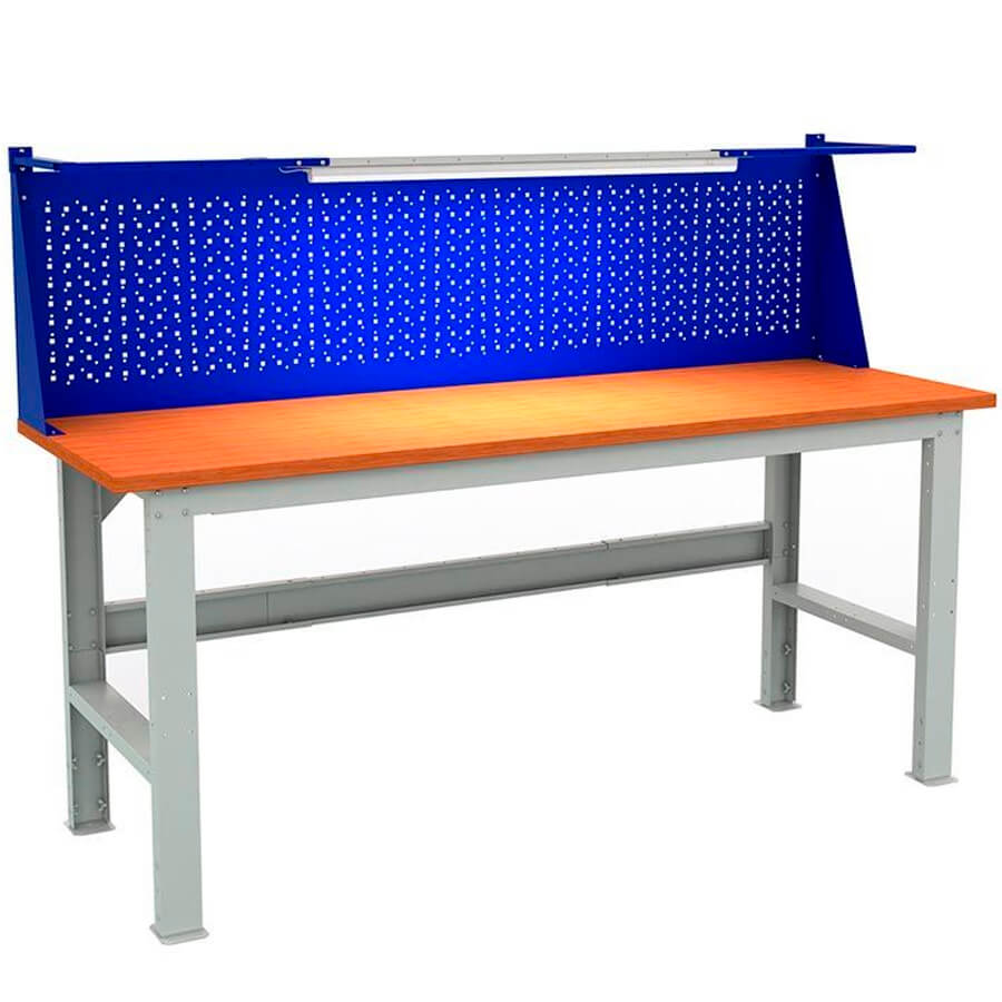 EXPERT (№222) W200.F2/F2.011 Верстак ПРОМЕТ (Корпус серый полуматовый (RAL 7038), лицевая панель ящиков и дверцы тумбы — синий (RAL 5002))