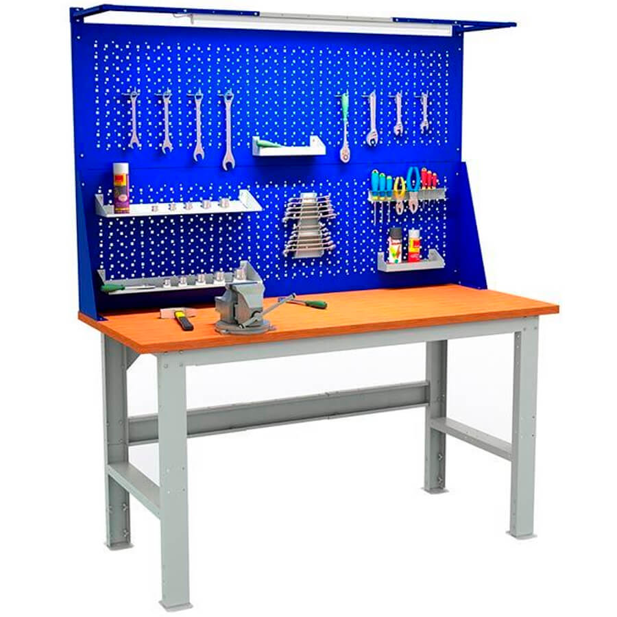 EXPERT (№607) W160.F2/F2.021 Верстак ПРОМЕТ (Корпус серый полуматовый (RAL 7038), лицевая панель ящиков и дверцы тумбы — синий (RAL 5002))