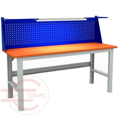 EXPERT (№222) W200.F2/F2.011 Верстак ПРОМЕТ (Корпус серый полуматовый (RAL 7038), лицевая панель ящиков и дверцы тумбы — синий (RAL 5002))